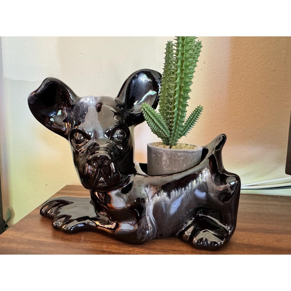 Royal Haeger 306 Black French Bulldog Planter Vintage MCM Ceramic Dog Figurine
